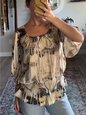 One World Butterfly Print Boho Peasant Blouse Size M